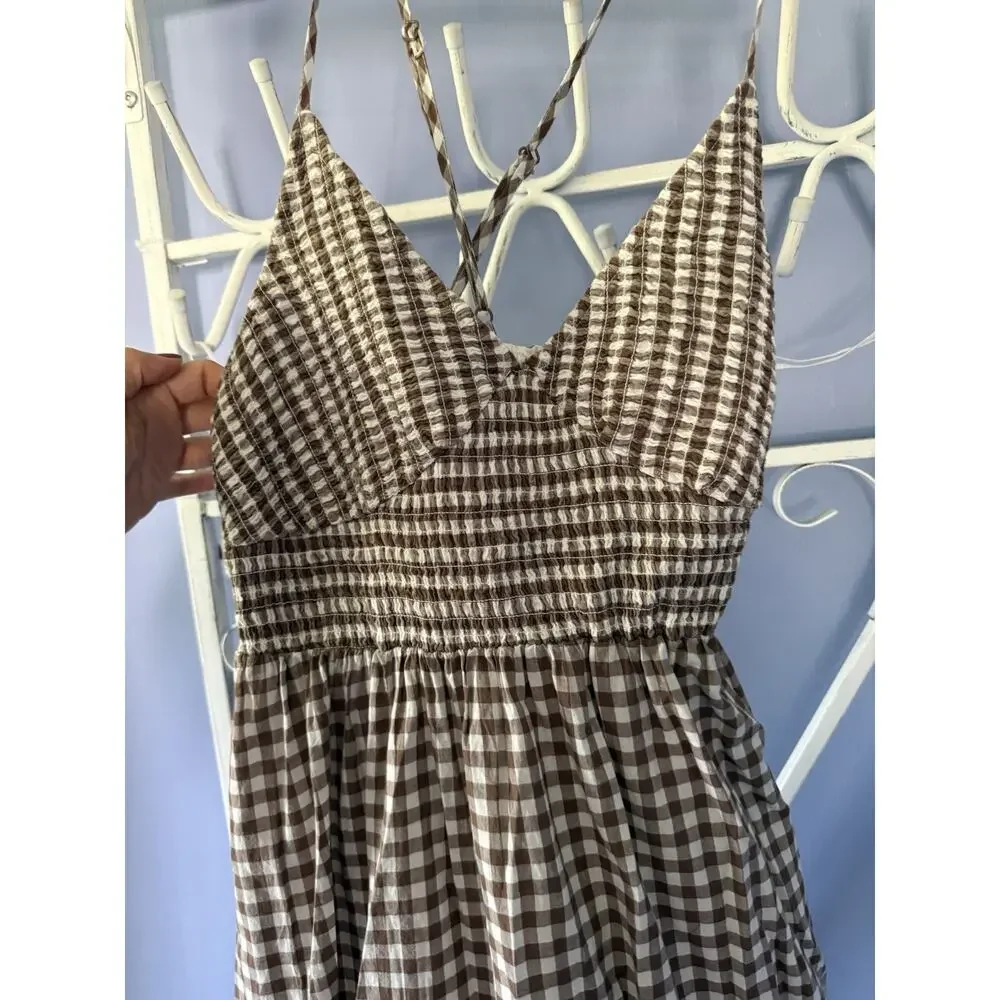 Kimchi Blue Princes Plaid Dress Brown Md Cotton Cottagecore - Picture 5 of 10
